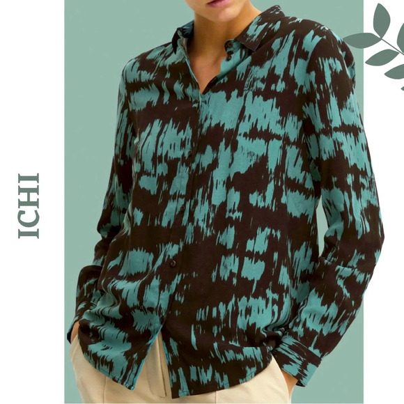 Ichi Ihvera Button Front Long Sleeve Blouse Blue Spruce Shadow  Green Sz 10 - Picture 1 of 10
